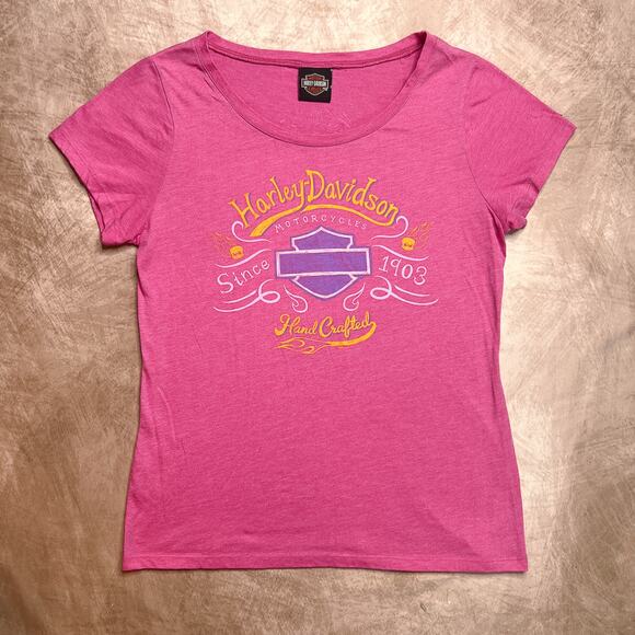 Harley Davidson Motorcycles Pink Baby Tee Hand Crafted Skull Graphic T-Shirt Y2K - Picture 1 of 6
